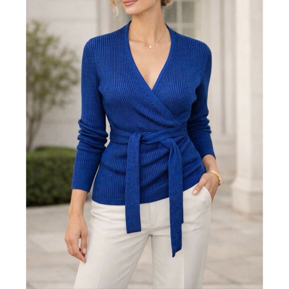 Diane Von Furstenberg Tops - Diane Von Furstenberg DVF Blue Merino Wool Wrap Sweater Knit Top Tie Waist Small